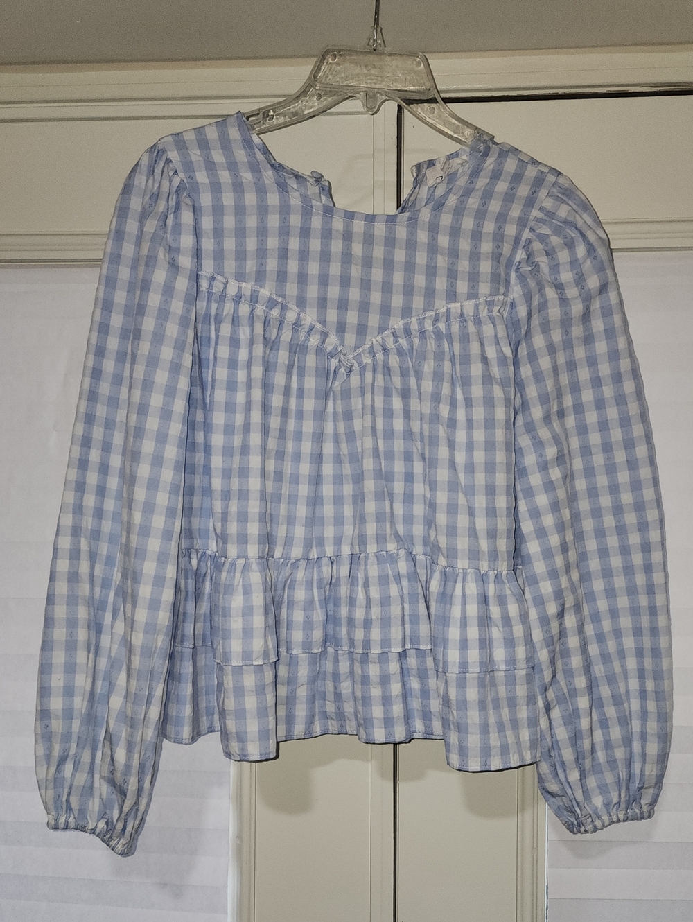 Able Light Blue and White Gingham Peplum Blouse